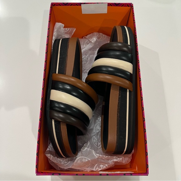 Tory Burch Quilted Platform Sandals Mocha Brown/New Porcelain Brand New w Box - Picture 2 of 7